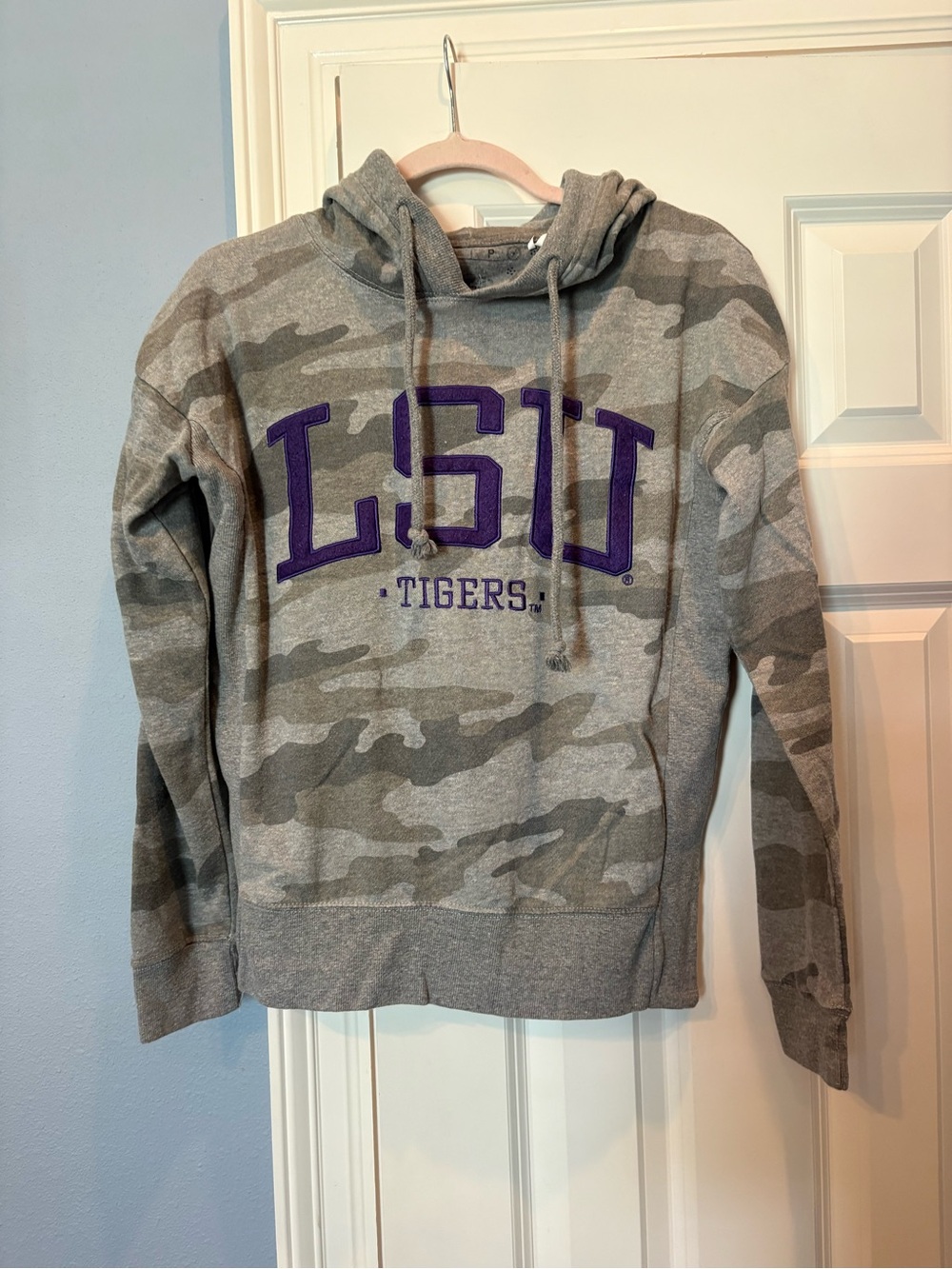 LSU Tigers Gray Camo Hoodie with Purple Logo